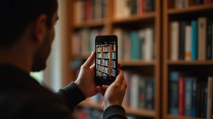 Someone points a phone at a full bookshelf; the screen shows the shelf being captured